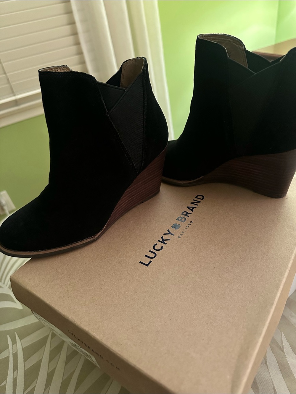 Lucky Brand Black Suede Wedge Ankle Boots